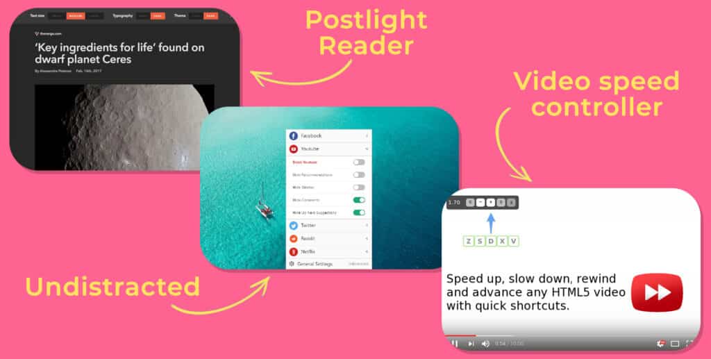 фото скрины приложений Video speed controller, Undistracted и Postlight Reader