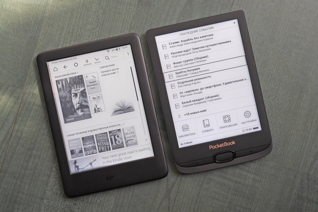 Бюджетные модели Amazon Kindle (слева) и PocketBook (справа)