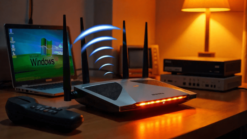 Современный мощный роутер на фоне устаревшей техники. Иллюстрация: My Gadget